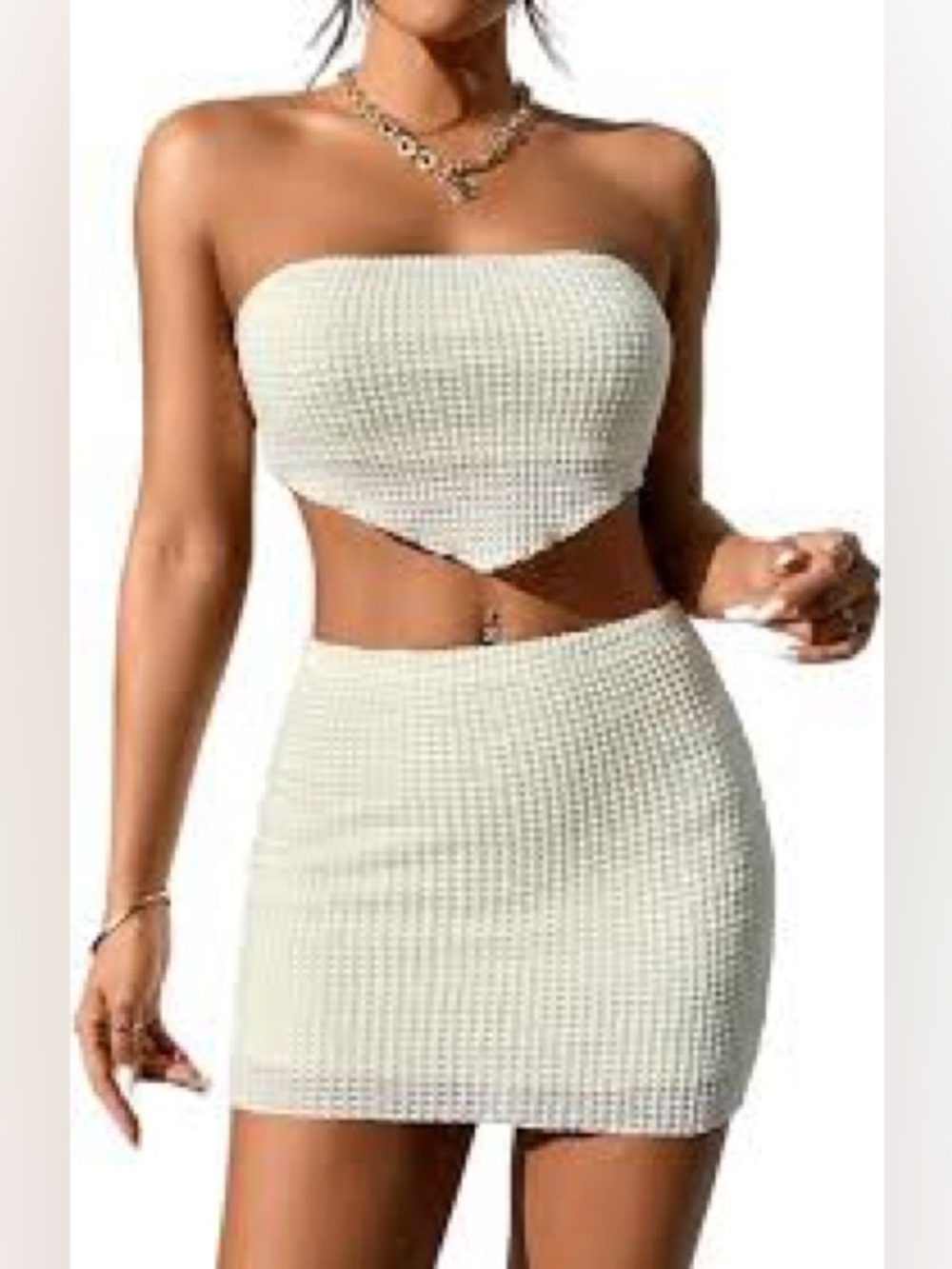 Shein Cream Textured Strapless Tie Back Crop Top & Mini Skirt Set